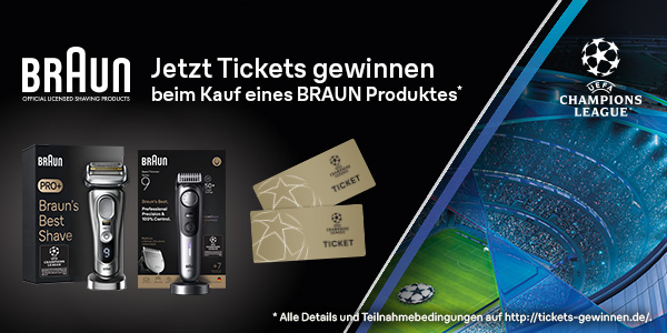 Kaufen Sie jetzt ausgewählte Braun Produkte und sichern Sie sich die Chance auf UEFA Champions League Tickets!