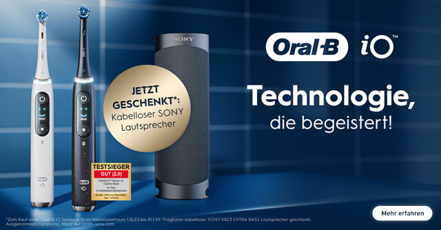 Oral-B schenkt Ihnen jetzt zu Ihrem Kauf einer elektrischen Zahnbürste aus den iO-Serien 6-10 einen kabellosen SONY XB23 Lautsprecher.