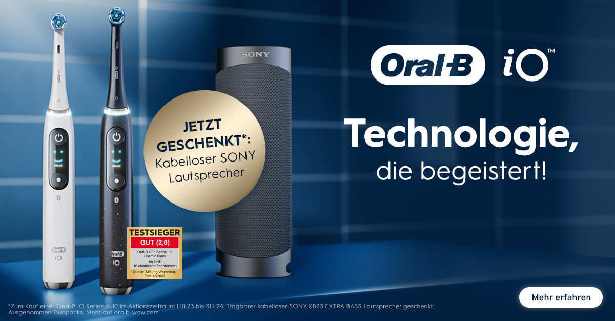 Oral-B schenkt Ihnen jetzt zu Ihrem Kauf einer elektrischen Zahnbürste aus den iO-Serien 6-10 einen kabellosen SONY XB23 Lautsprecher.