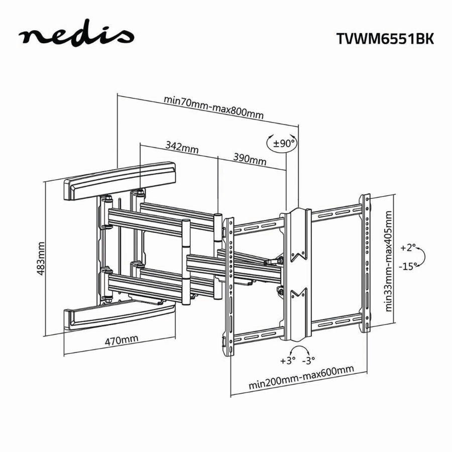 Nedis TVWM6551BK Vollbewegliche TV-Wandhalterung  | 37 – 80" | Max. 70 kg 6 Drehpunkte