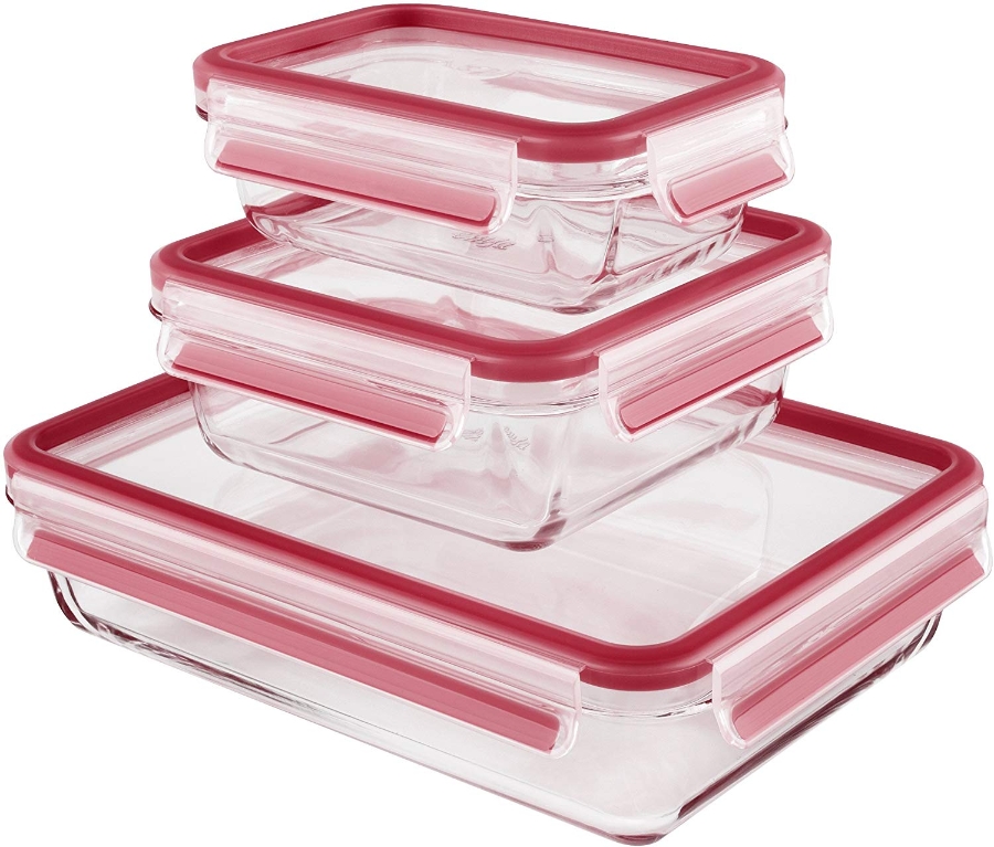 Emsa 514168 Clip&Close Glas rechteckig Aufbewahrungsbehälter SET 3-tlg. rot