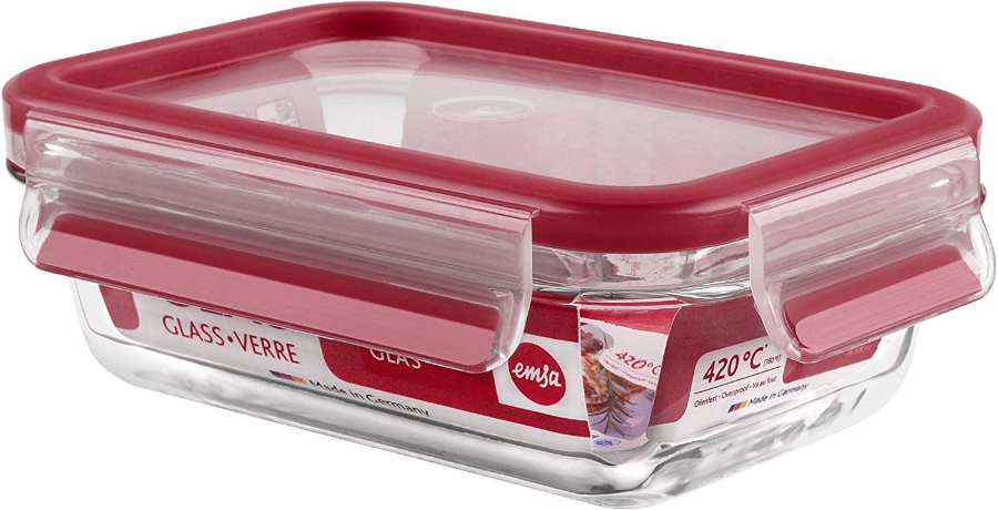 Emsa 513918 Frischhaltedose mit Deckel, Glas, Rechteckig, Volumen 0,5 Liter, Transparent/Rot, Clip & Close