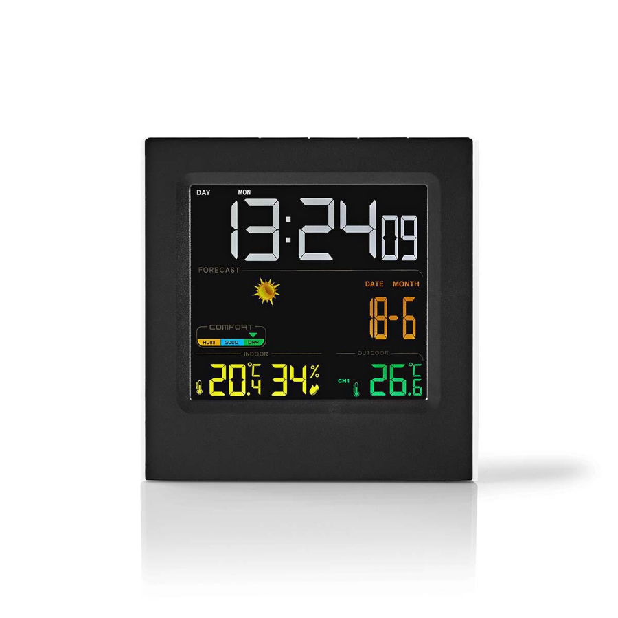 Nedis WEST404BK Wetterstation  LED-Anzeige | Weckerfunktion nnen- und Aussenbereich | Inklusive schnurloser Wettersensor