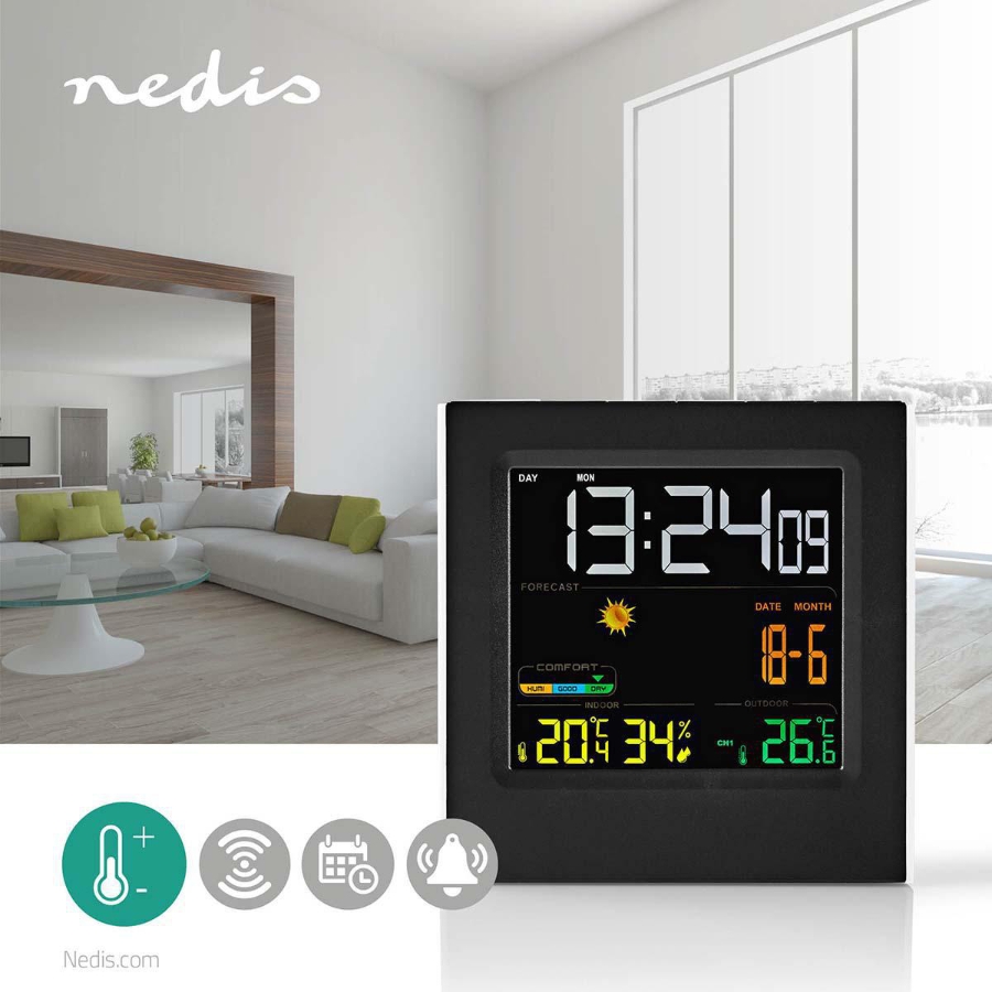Nedis WEST404BK Wetterstation  LED-Anzeige | Weckerfunktion nnen- und Aussenbereich | Inklusive schnurloser Wettersensor