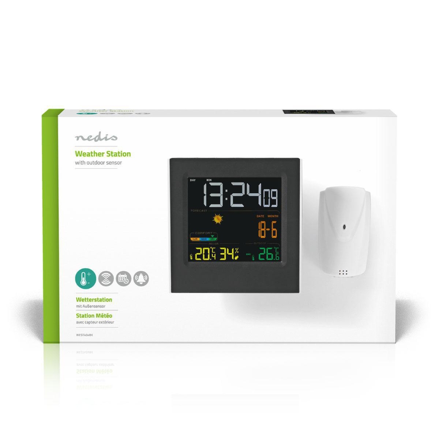 Nedis WEST404BK Wetterstation  LED-Anzeige | Weckerfunktion nnen- und Aussenbereich | Inklusive schnurloser Wettersensor