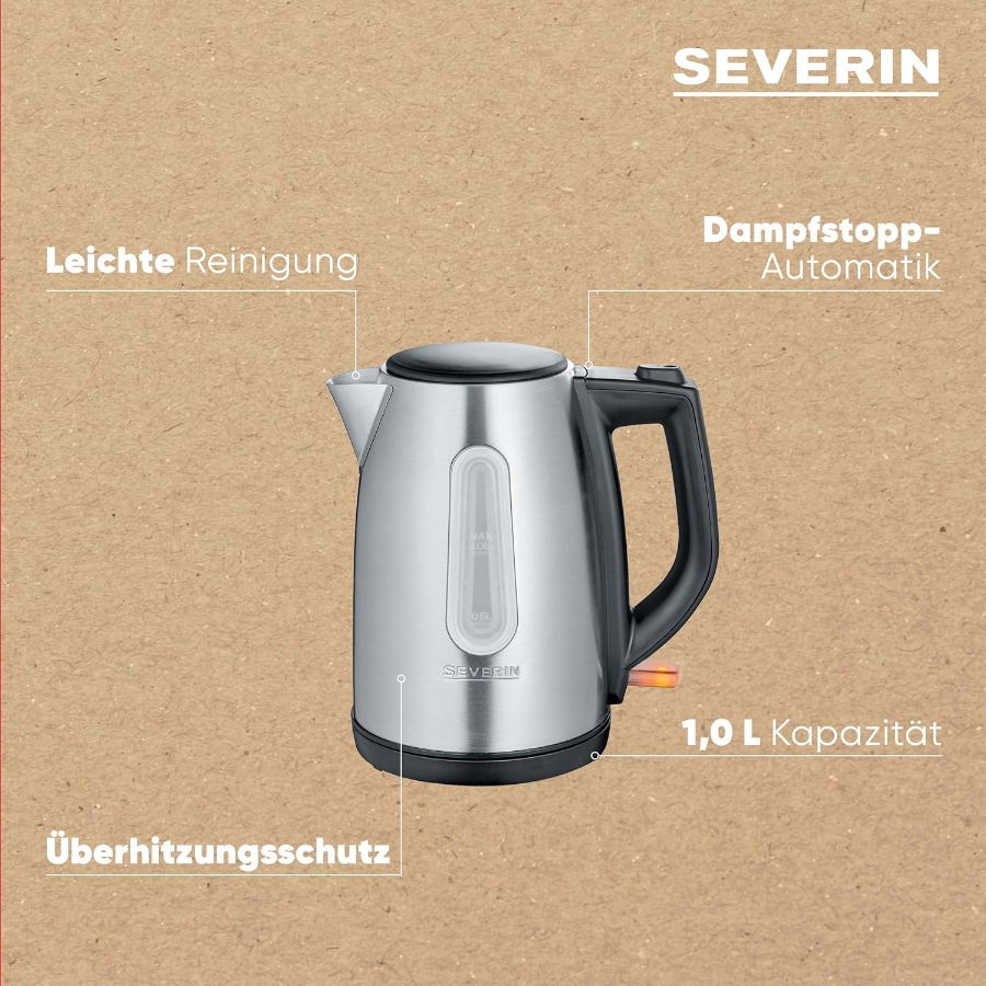 Severin WK3469 Wasserkocher Edelstahl-Schwarz  2.200 Watt 