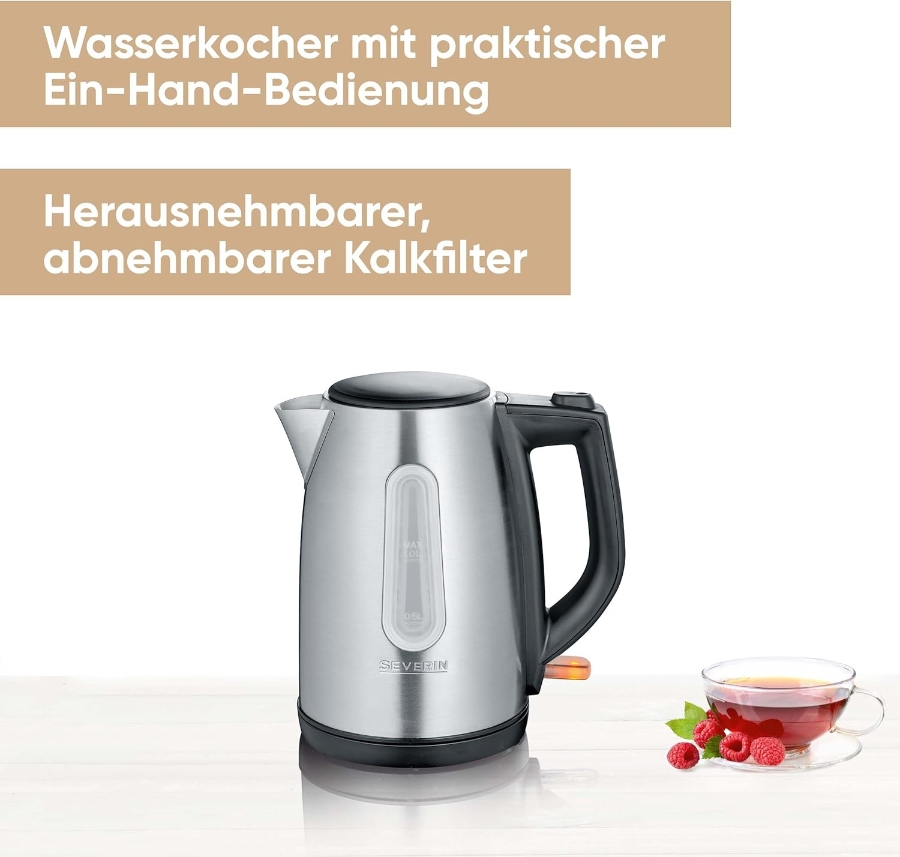 Severin WK3469 Wasserkocher Edelstahl-Schwarz  2.200 Watt 