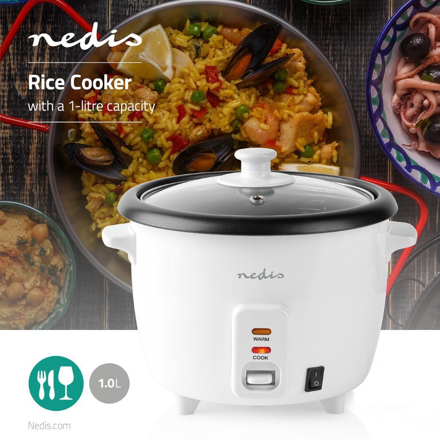 Nedis KARC10WT Reiskocher 1.0 l | 400 W | Antihaft-Beschichtung  Herausnehmbare Schüssel | Automatische Abschaltung