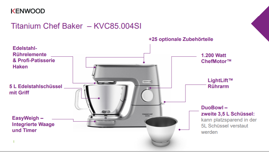 Kenwood Elektro KVC85.004SI Titanium Chef Baker Küchenmaschine 