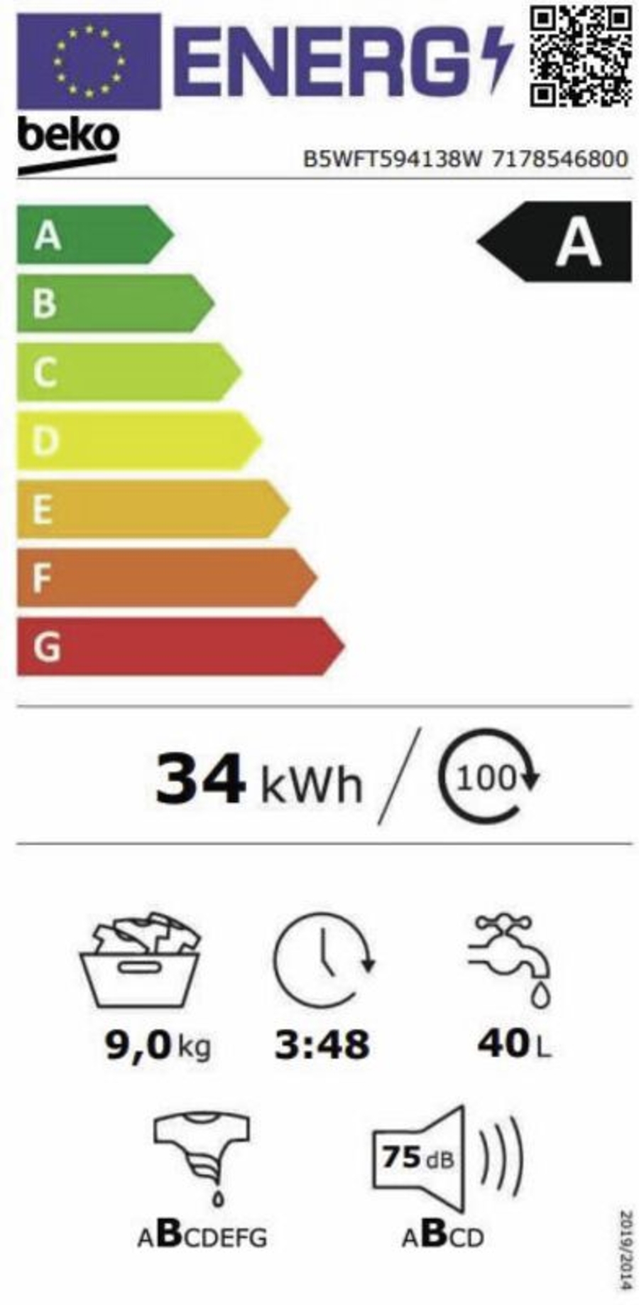 Beko B5WFT594138W Waschmaschine Frontlader 9kg 1400 U/min EEK:A