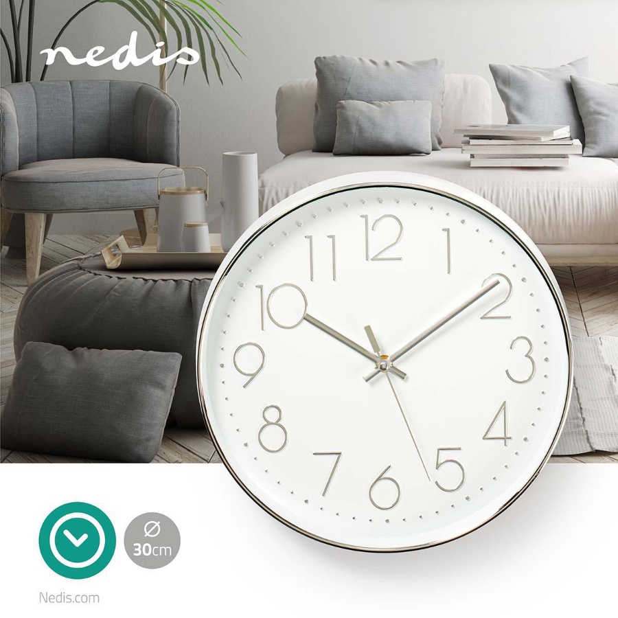 Nedis CLWA015PC30SR Wanduhr Durchmesser: 300 mm | Kunststoff | Silber / Weiss