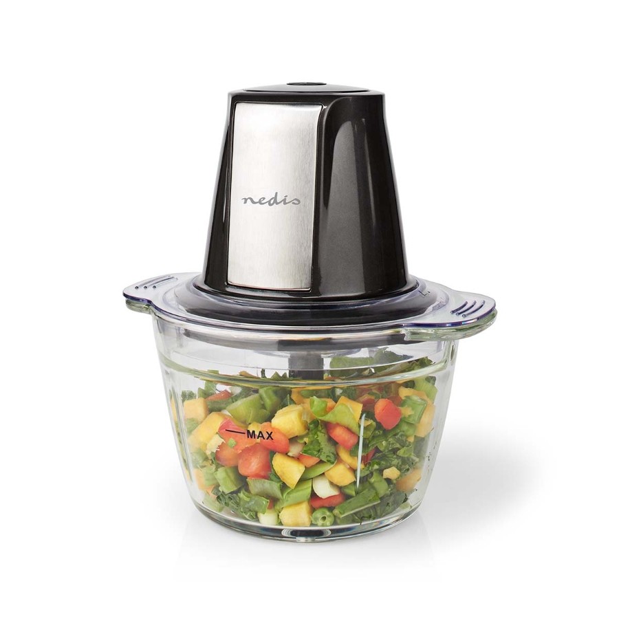 Nedis KAMC300CGY Zerkleinerer für Lebensmittel 500 W | 1 l | Glas | 1-Speed | Schwarz / Silber