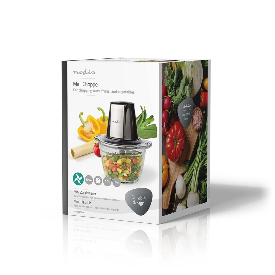 Nedis KAMC300CGY Zerkleinerer für Lebensmittel 500 W | 1 l | Glas | 1-Speed | Schwarz / Silber