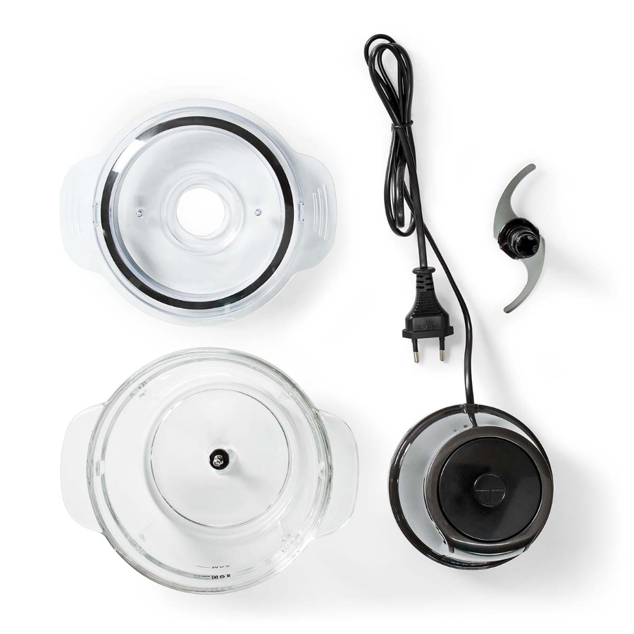 Nedis KAMC300CGY Zerkleinerer für Lebensmittel 500 W | 1 l | Glas | 1-Speed | Schwarz / Silber