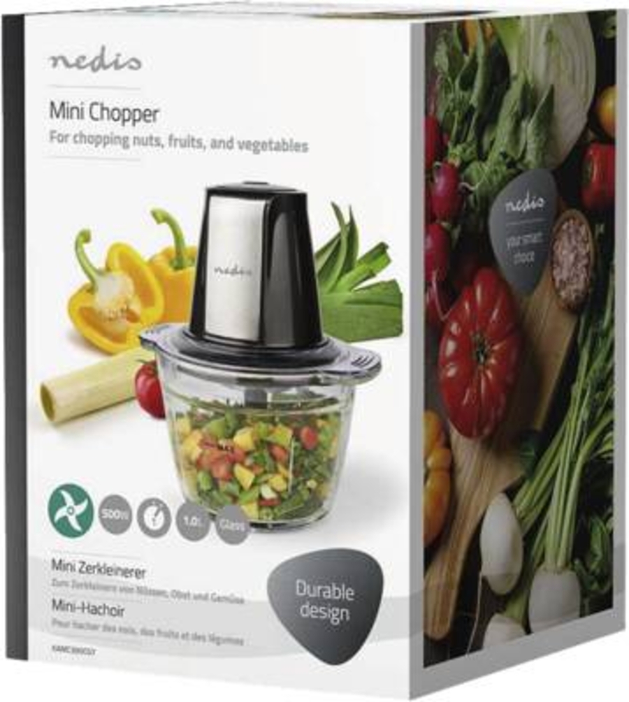 Nedis KAMC300CGY Zerkleinerer für Lebensmittel 500 W | 1 l | Glas | 1-Speed | Schwarz / Silber