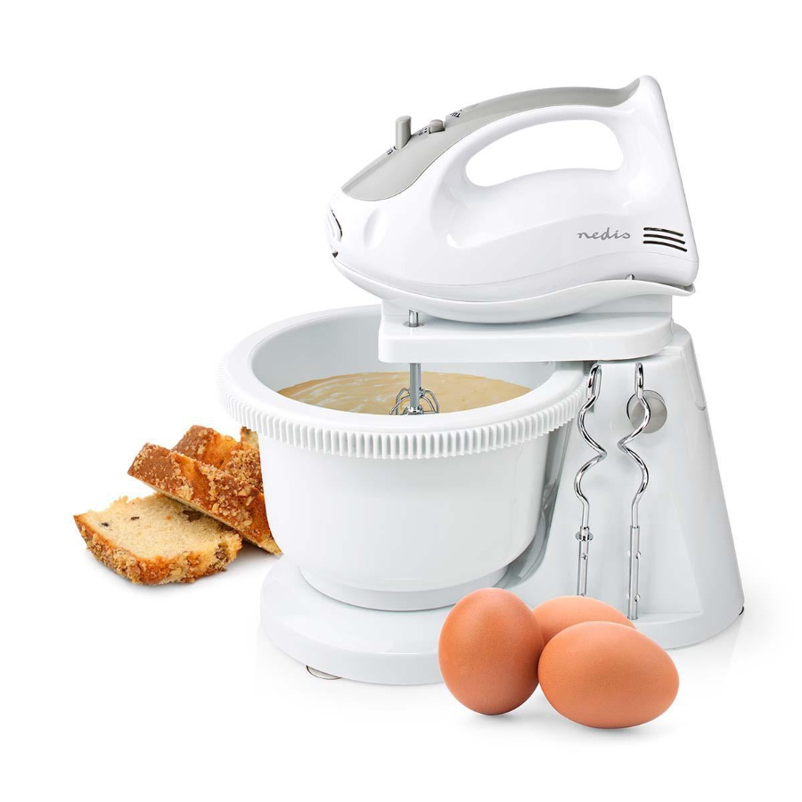 Nedis KAHM110CWT Handmixer 200 W | 5 Geschindigkeitsstufen Turbofunktion | Turning Bowl / 2 Knethaken / 2 Schlägel 