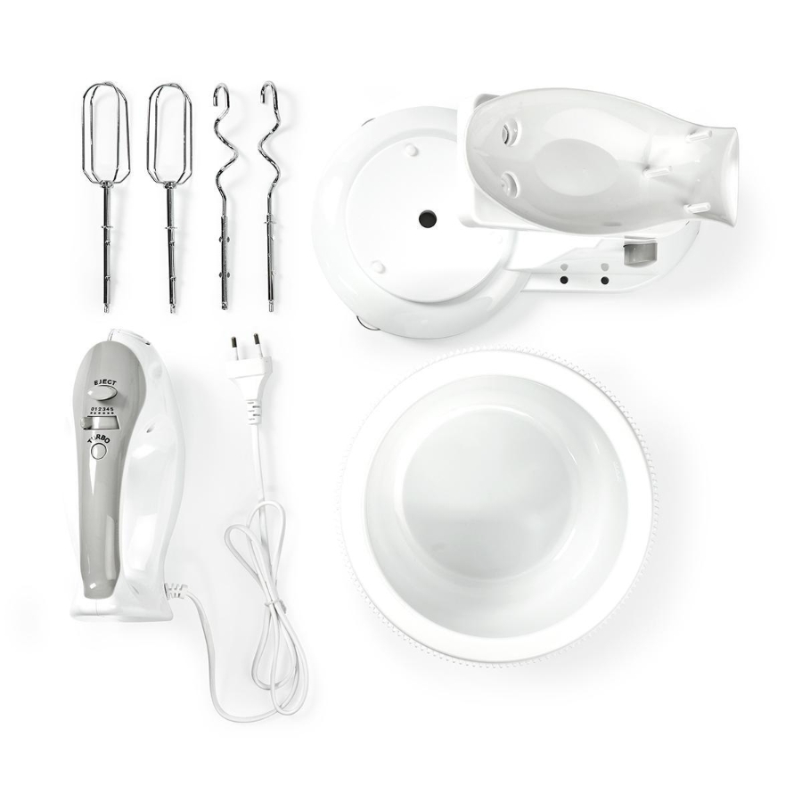 Nedis KAHM110CWT Handmixer 200 W | 5 Geschindigkeitsstufen Turbofunktion | Turning Bowl / 2 Knethaken / 2 Schlägel 