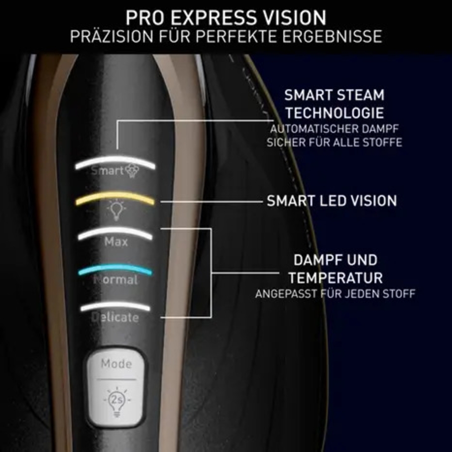 Tefal GV9820 Pro Express Vision Dampfbügelstation Schwarz/Braun Smart LED-Leuchte am Bügeleisen, leistungsstarker 9-Bar