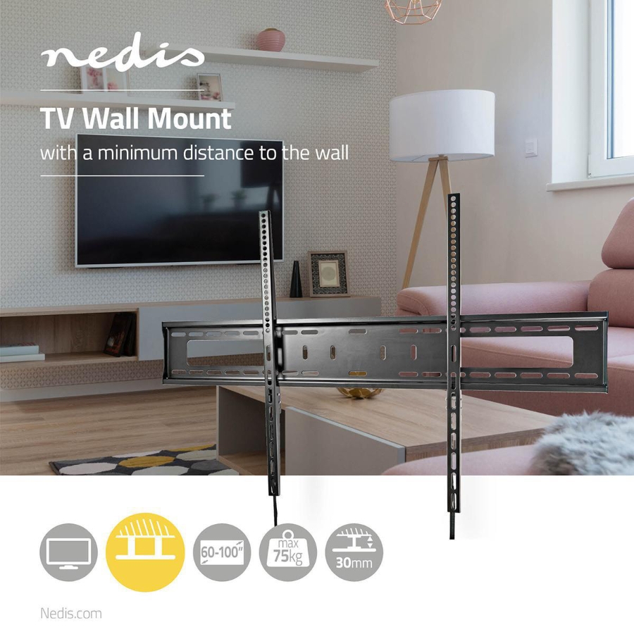 Nedis TVWM2070BK Feste TV-Wandhalterung 60 - 100 " | maximal 75kg Minimaler Wandabstand: 30.5 mm | Metall / Stahl | Schwarz