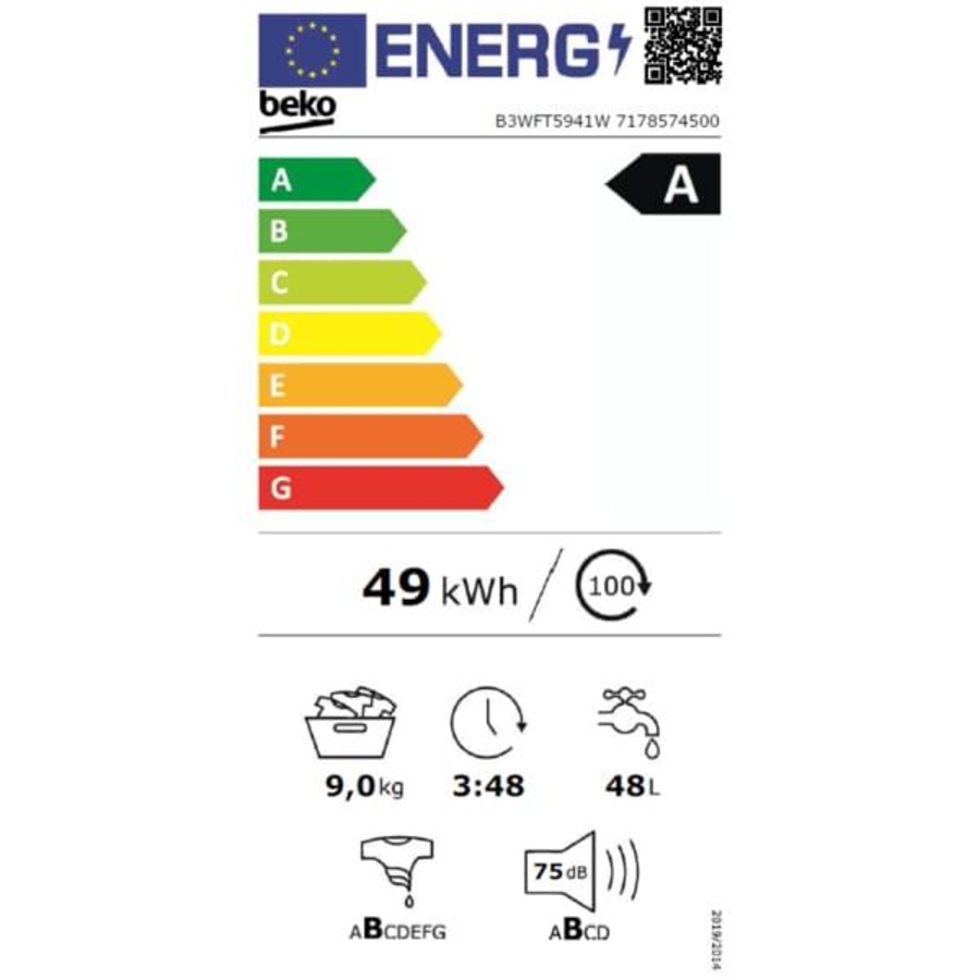 Beko B3WFT5941W Waschmaschine 9 kg, 1400 U/Min. Frontlader ,60cm  Weiß,EEK: A