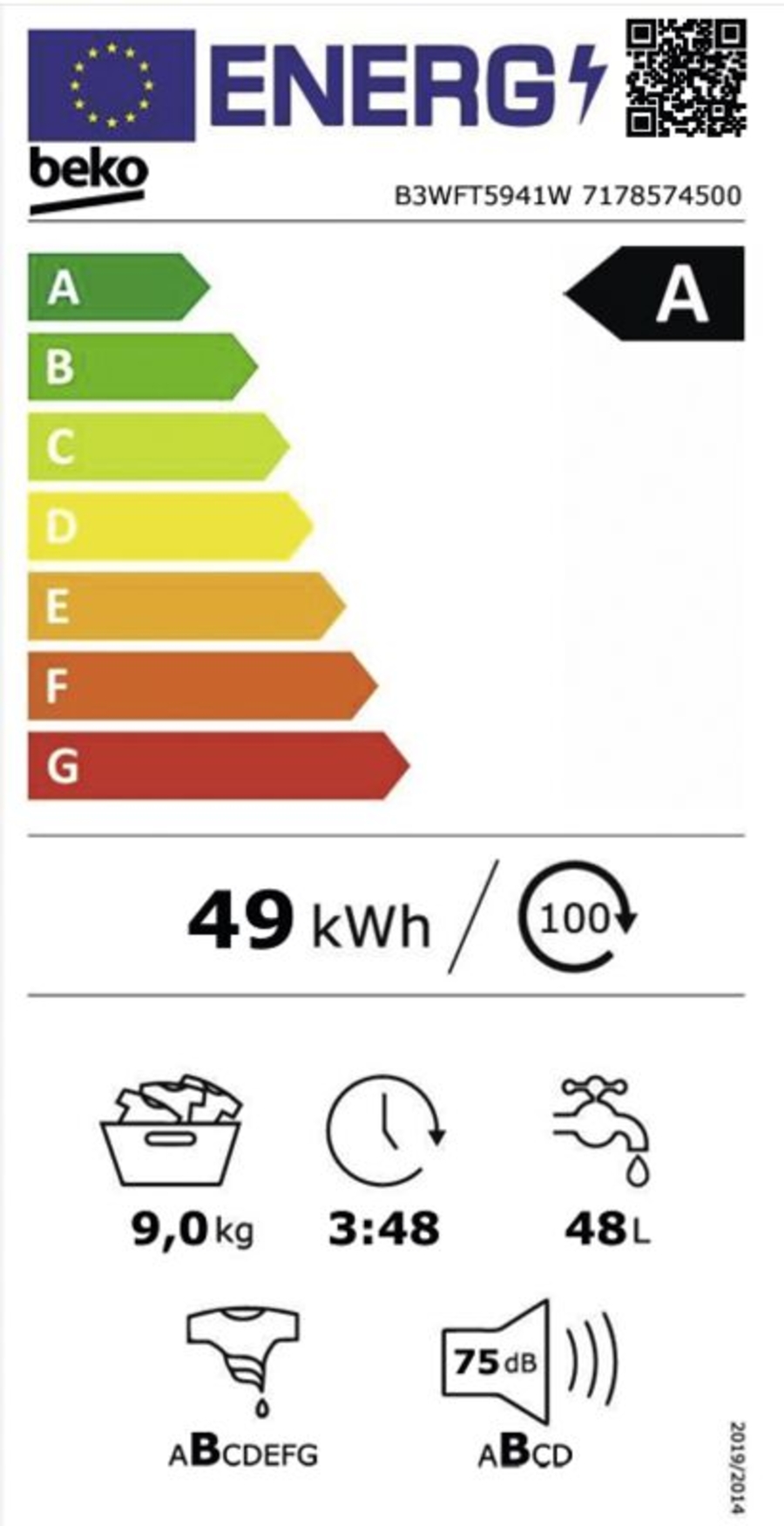 Beko B3WFT5941W Waschmaschine 9 kg, 1400 U/Min. Frontlader ,60cm  Weiß,EEK: A