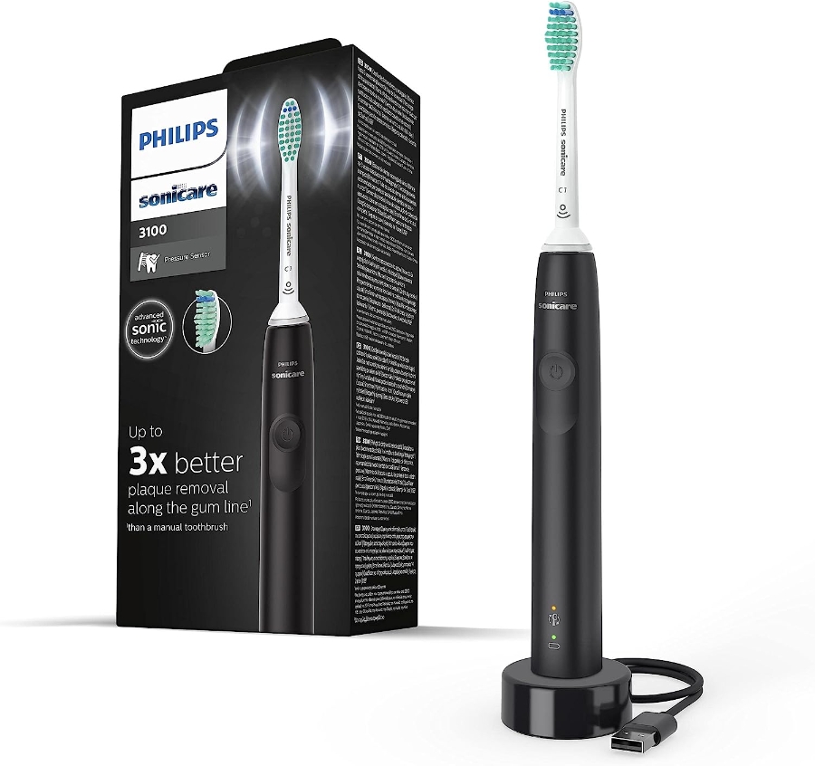 Philips HX3671/14 Sonicare 3100  Series schwarz elektrische Zahnbürste mit Drucksensor und 