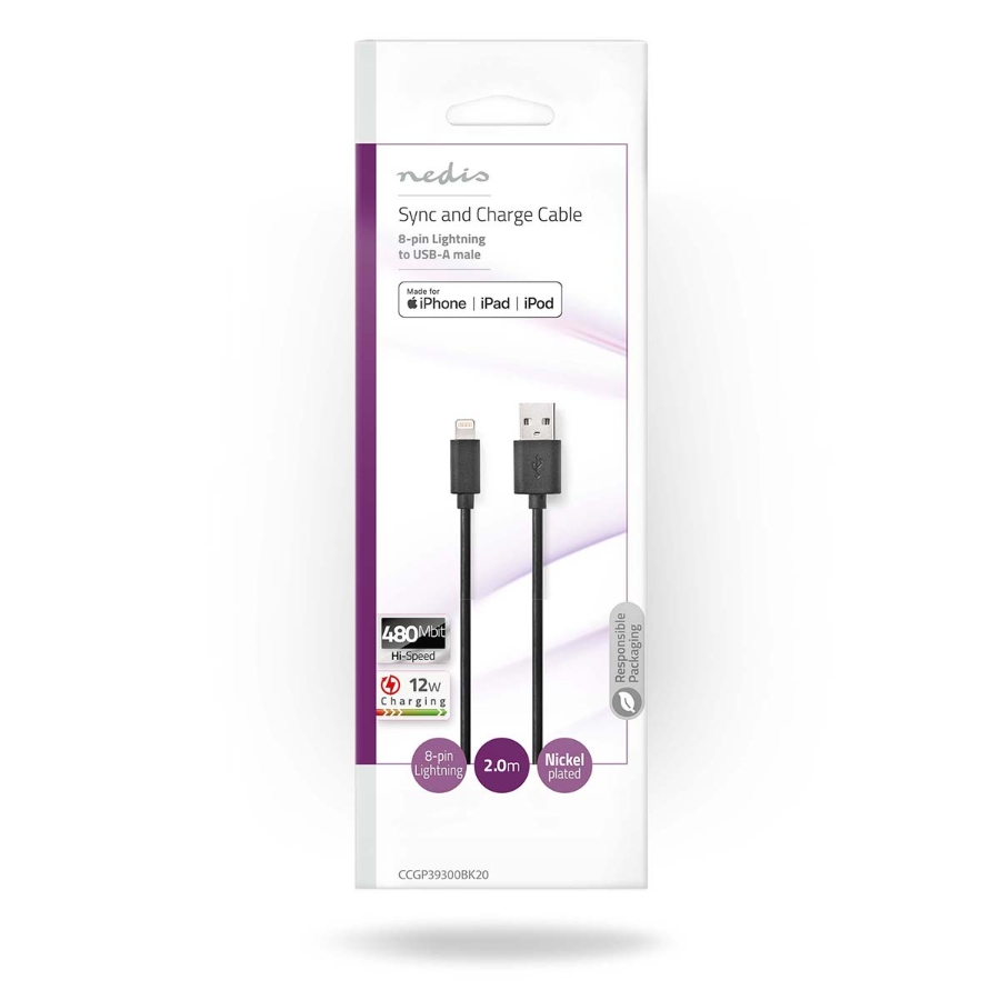Nedis CCGP39300BK20 Lightning Kabel  2.00 m | Rund | PVC | Schwarz USB 2.0 | Apple Lightning 8-Pin | USB-A Stecker | 480 Mbps 