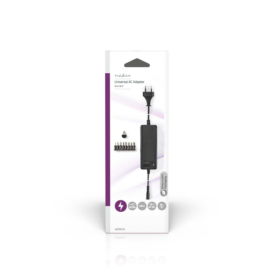 Nedis ACPA116 Universal-Netzteil Schwarz 60 W | 6 - 16 V DC | 1.10 m | 5.0 - 5.2 A | 8 plug(s) 