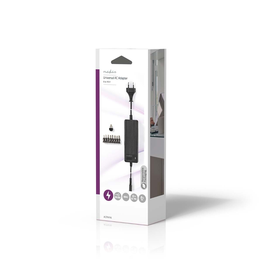 Nedis ACPA116 Universal-Netzteil Schwarz 60 W | 6 - 16 V DC | 1.10 m | 5.0 - 5.2 A | 8 plug(s) 