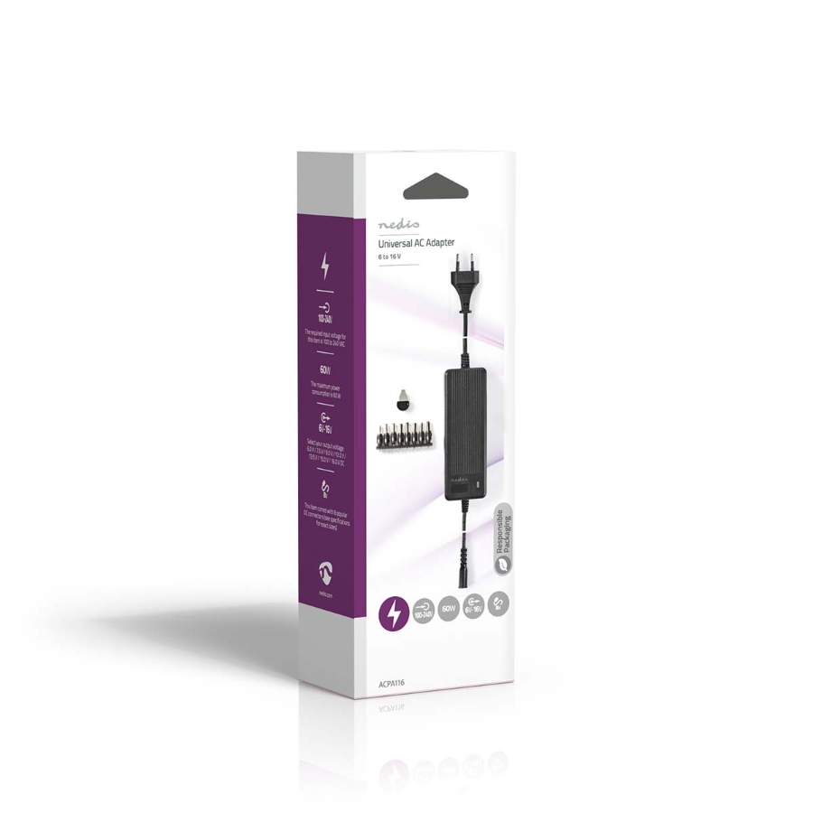 Nedis ACPA116 Universal-Netzteil Schwarz 60 W | 6 - 16 V DC | 1.10 m | 5.0 - 5.2 A | 8 plug(s) 