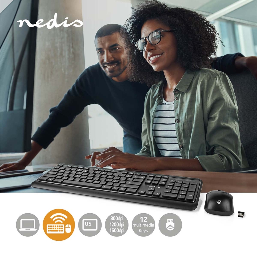 Nedis KBMCW100BKUS Maus und Tastatur-Set Wireless QWERTY | US!! Maus- und Tastaturverbindung: USB | 800 / 1200 / 1600 dpi | 