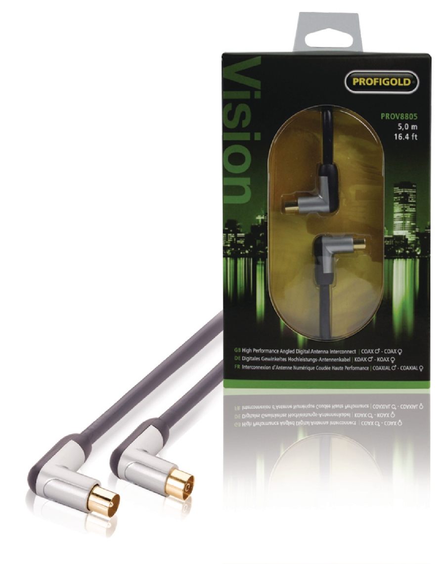 Profigold PROV8805 Koaxkabel 120 dB abgewinkelt Koax-Stecker Koax-Kupplung 5.00 m Schwarz
