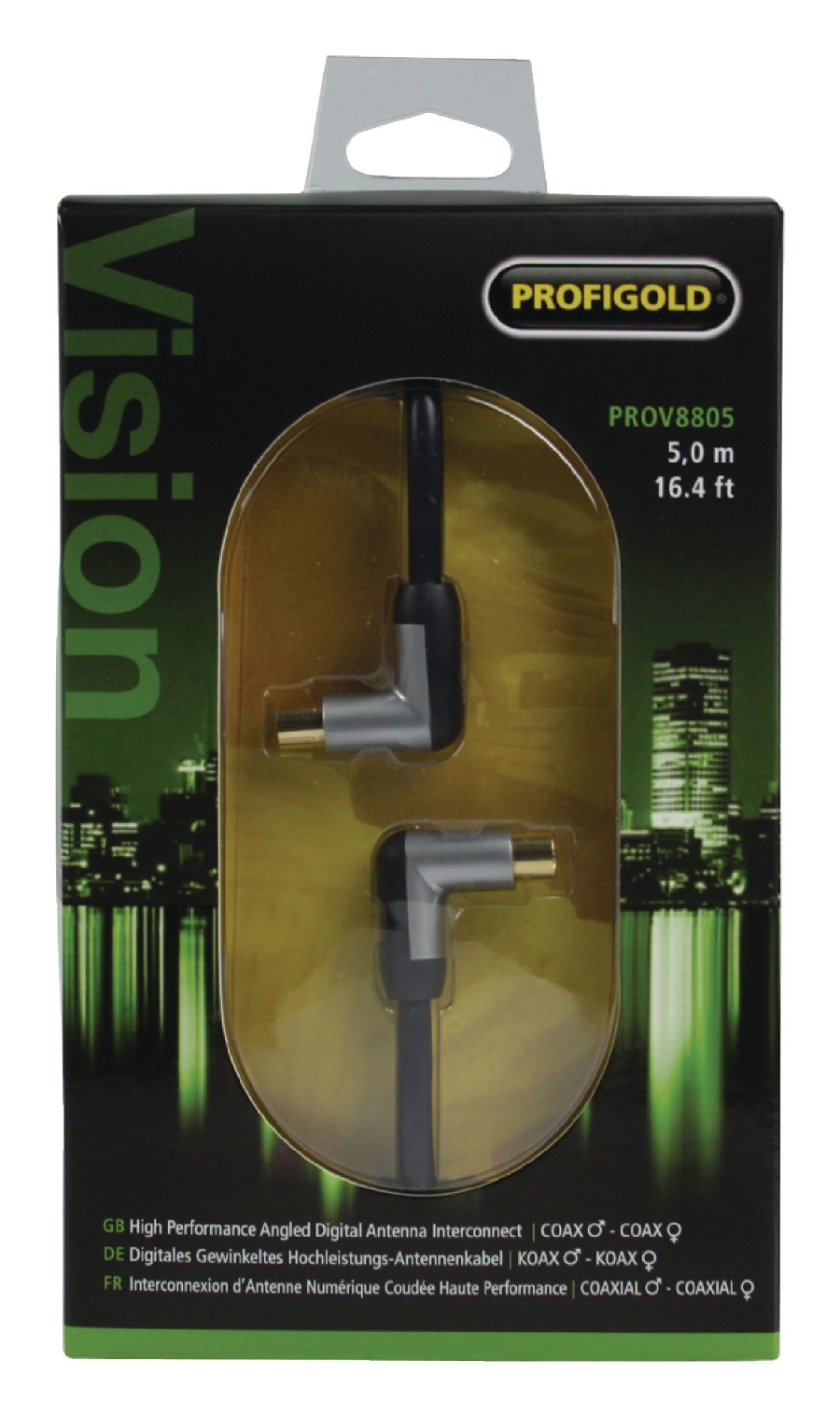Profigold PROV8805 Koaxkabel 120 dB abgewinkelt Koax-Stecker Koax-Kupplung 5.00 m Schwarz