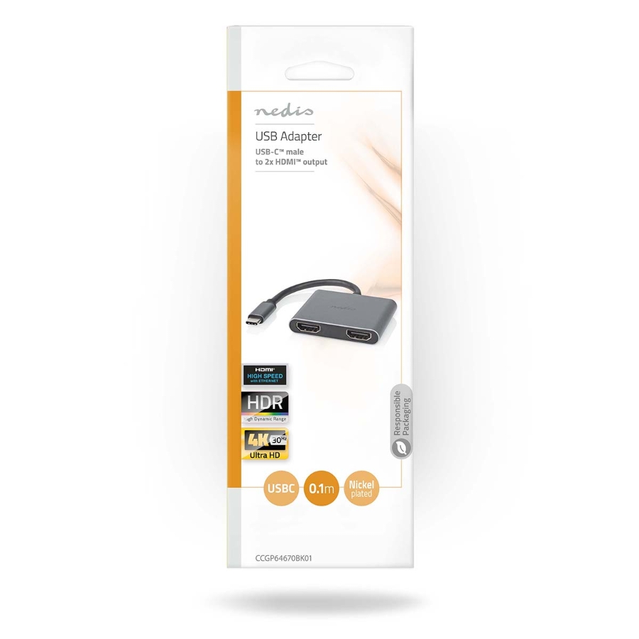 Nedis CCGP64670BK01 USB Multi-Port-Adapter Vernickelt  Schwarz  USB 3.2 Gen 1 | USB-C™ Stecker | 2x HDMI™ | 0.10 m