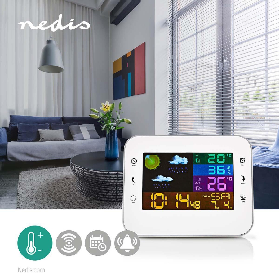 Nedis WEST402WT Wetterstation Farb-LCD-Anzeige | Weckerfunktion Innen- und Aussenbereich | Inklusive schnurloser