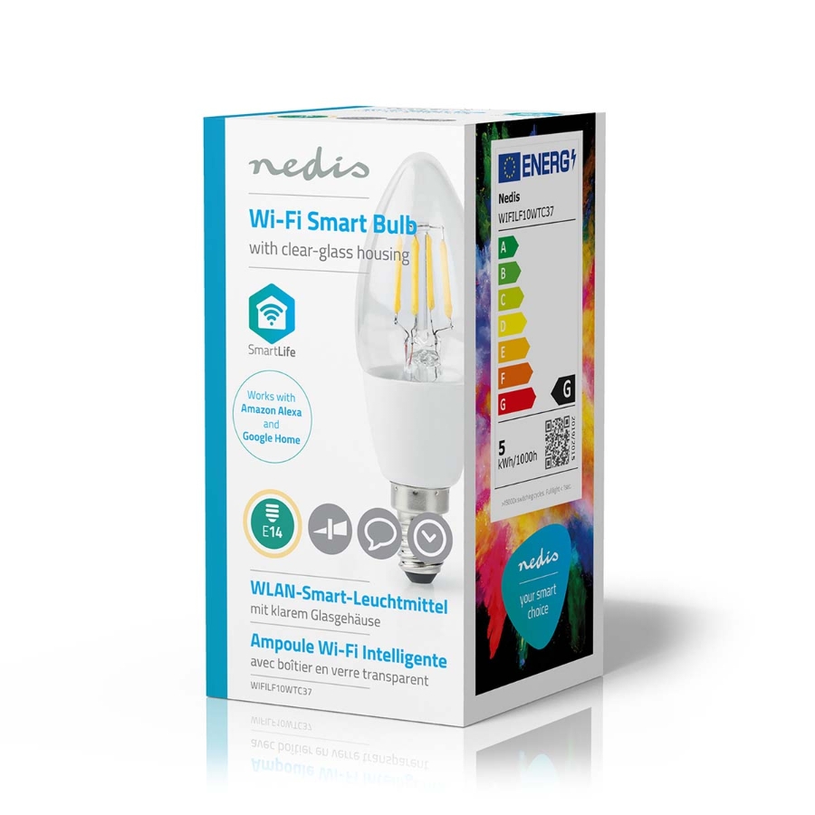 Nedis WIFILF10WTC37 SmartLife LED Filament Lampe Wi-Fi | E14 | 400 lm | 5 W | Warmweiss | 2700 K 