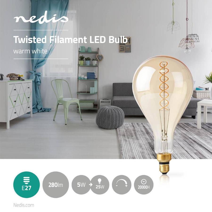 Nedis LEDBTFE27A160 LED-Filament-Lampe E27 A160 | 5 W | 280 lm | 2000 K | Dimmbar | Warmweiss 