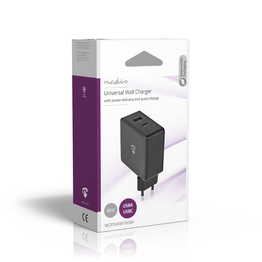 Nedis WCPD45W100BK Netzladegerät 57 W | Schnellladefunktion | 2.25 A / 2.4 / 3.0 A |