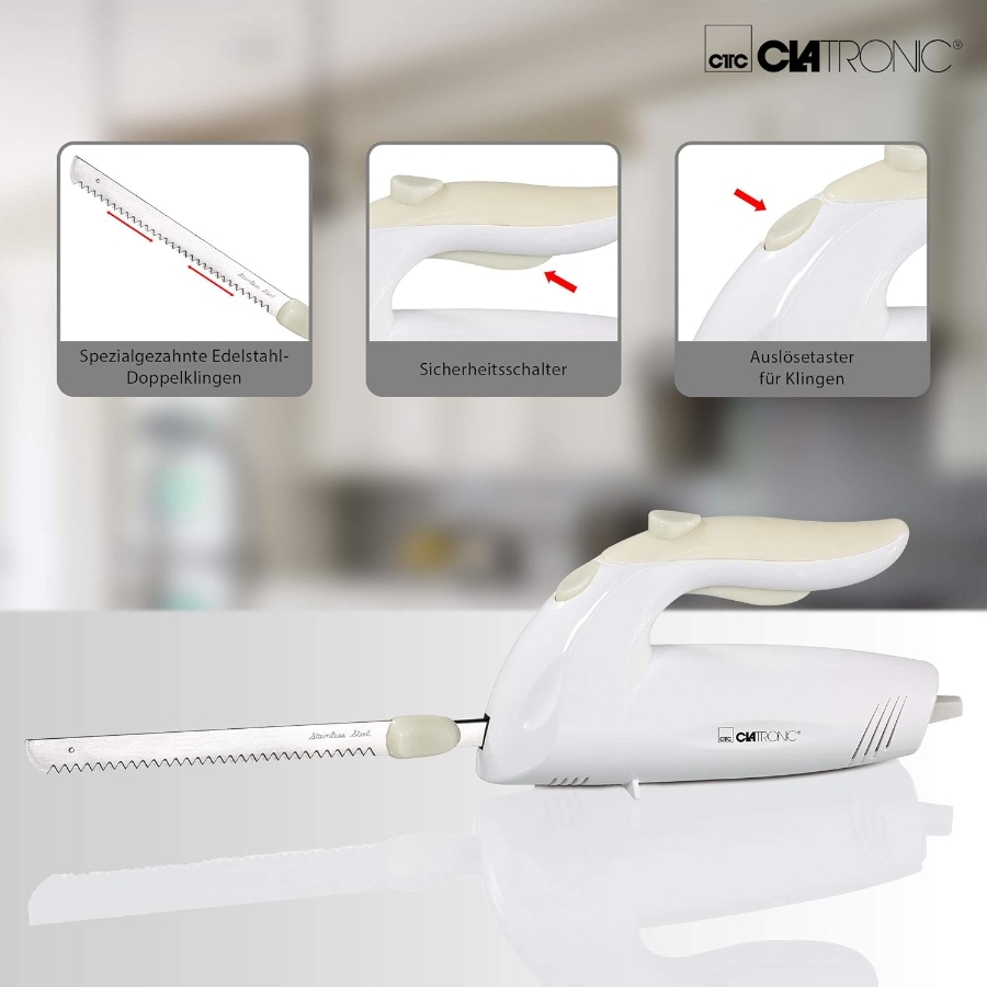 Clatronic EM 3062 Elektromesser/Brotmesser Weiss elektrisches mit spülmaschinenfester spezialgezahnten 