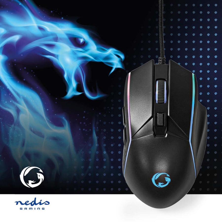 Nedis GMWD510BK Gaming Mouse Verdrahtet 1.5m LED 800 / 1200 / 2400 / 3200 / 4800 / 7200 dpi | Einstellbar DPI
