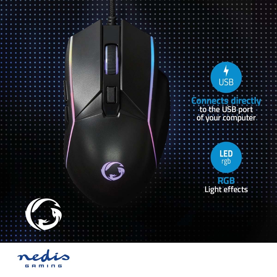Nedis GMWD510BK Gaming Mouse Verdrahtet 1.5m LED 800 / 1200 / 2400 / 3200 / 4800 / 7200 dpi | Einstellbar DPI
