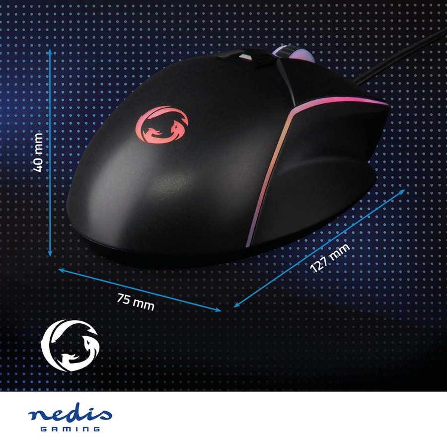 Nedis GMWD510BK Gaming Mouse Verdrahtet 1.5m LED 800 / 1200 / 2400 / 3200 / 4800 / 7200 dpi | Einstellbar DPI