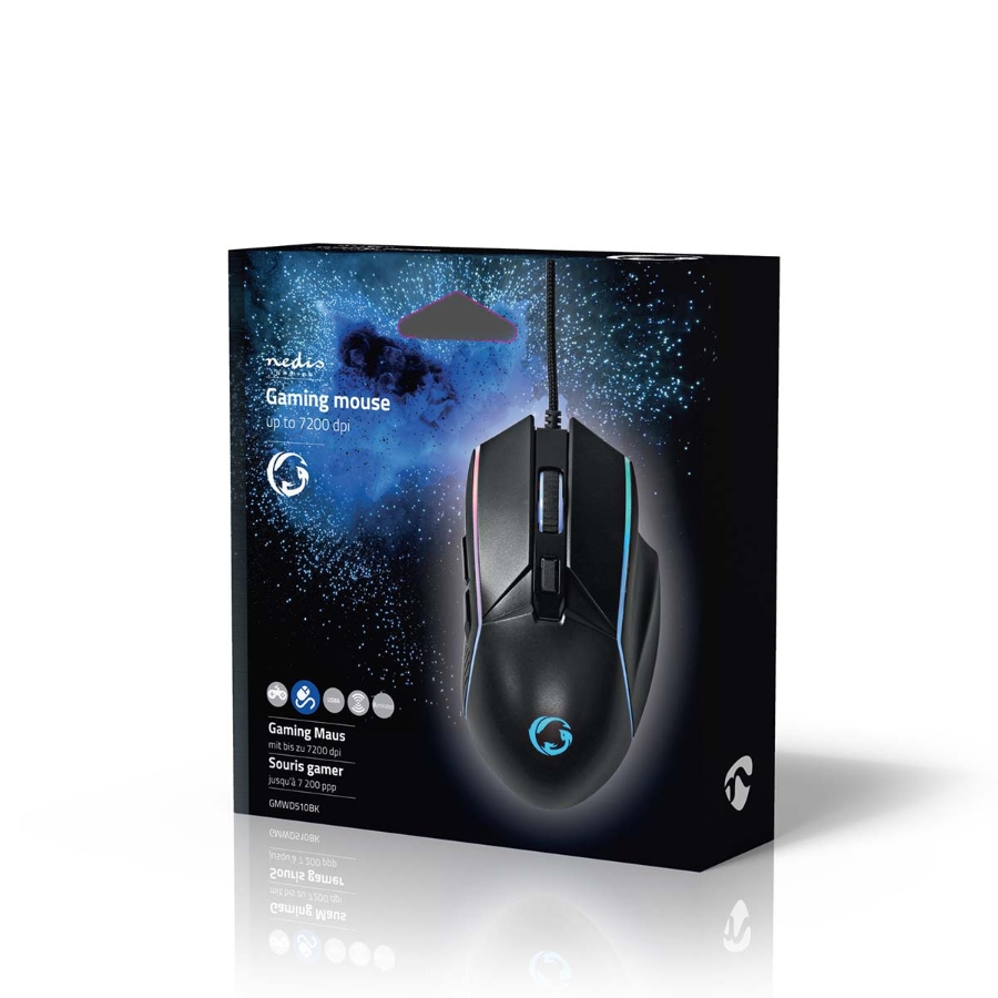 Nedis GMWD510BK Gaming Mouse Verdrahtet 1.5m LED 800 / 1200 / 2400 / 3200 / 4800 / 7200 dpi | Einstellbar DPI