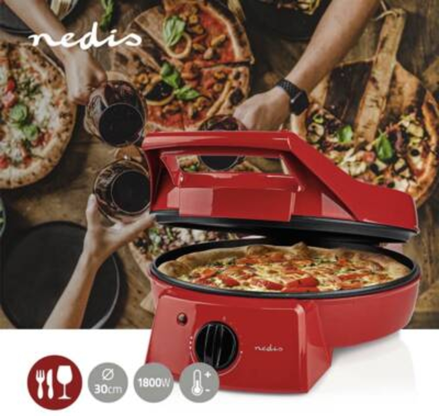 Nedis FCPM100FRD Pizzaofen und Grill Rot 30 cm | Einstellbare Temperaturregelung | 1800 W