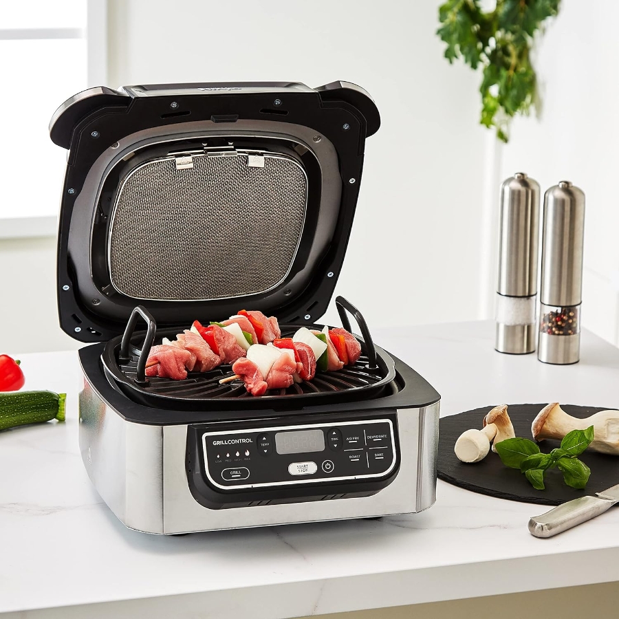 Ninja AG301EU Foodi Grill & Airfryer, 5,7L Heißluftfritteuse 5-in-1, Schwarz/Silber 