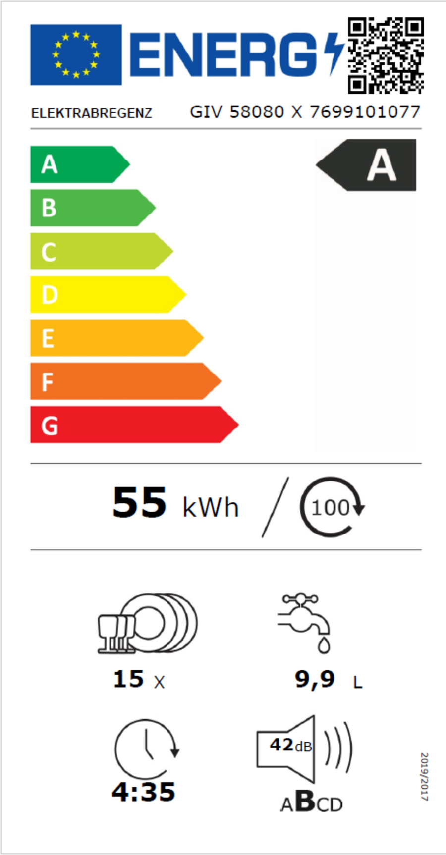 Elektrabregenz GIV58080X Geschirrspüler Einbau vollintegriert 60cm EEK:A  H x B x T in mm: 818 x 598 x 550