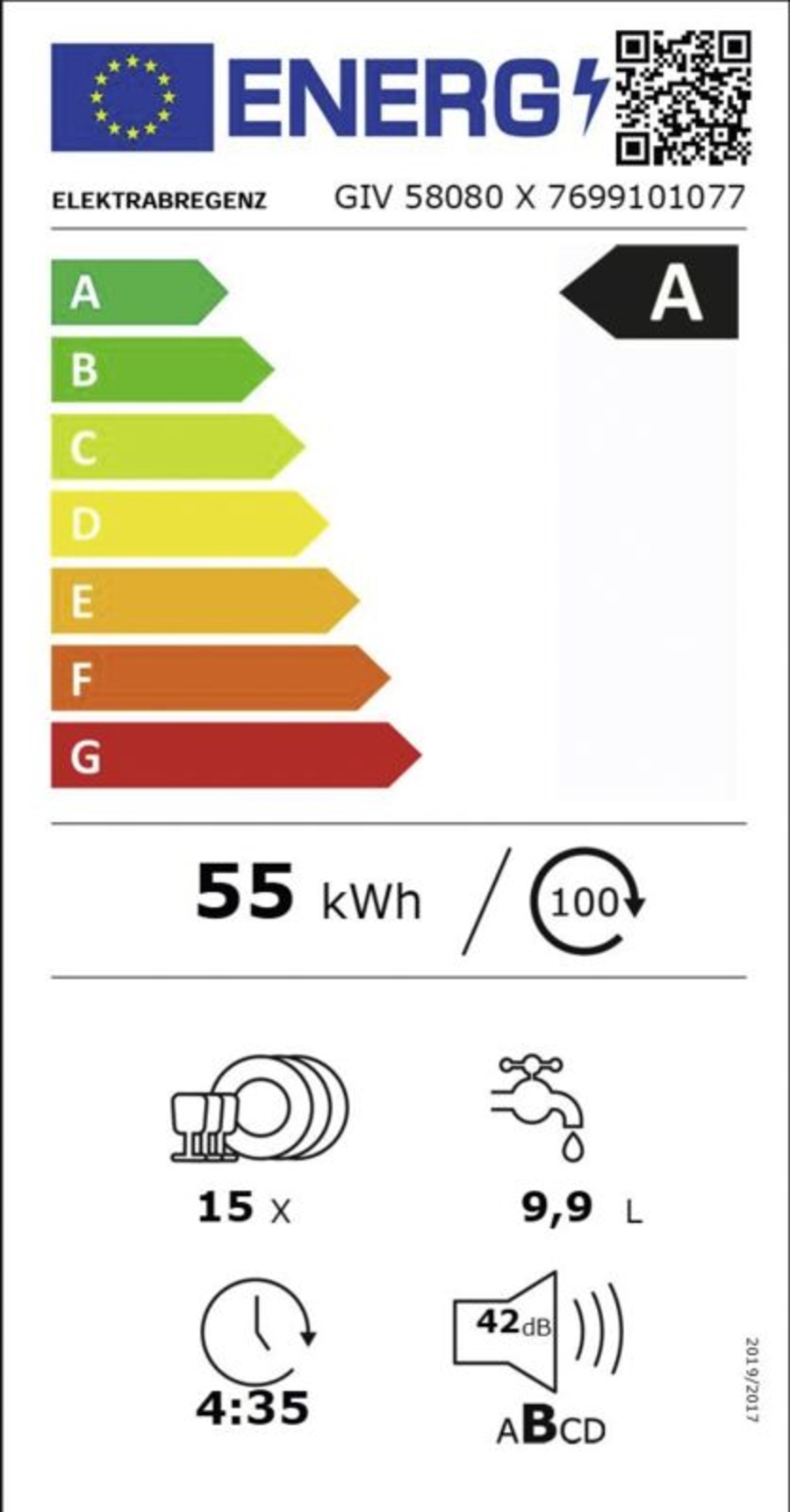 Elektrabregenz GIV58080X Geschirrspüler Einbau vollintegriert 60cm EEK:A  H x B x T in mm: 818 x 598 x 550