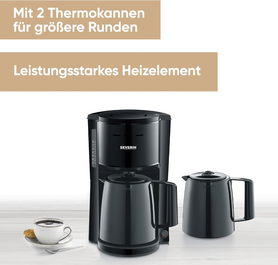 Severin KA9307 Kaffeeautomat, 2x Thermokanne, 1000 W, 8 Tassen schwarz