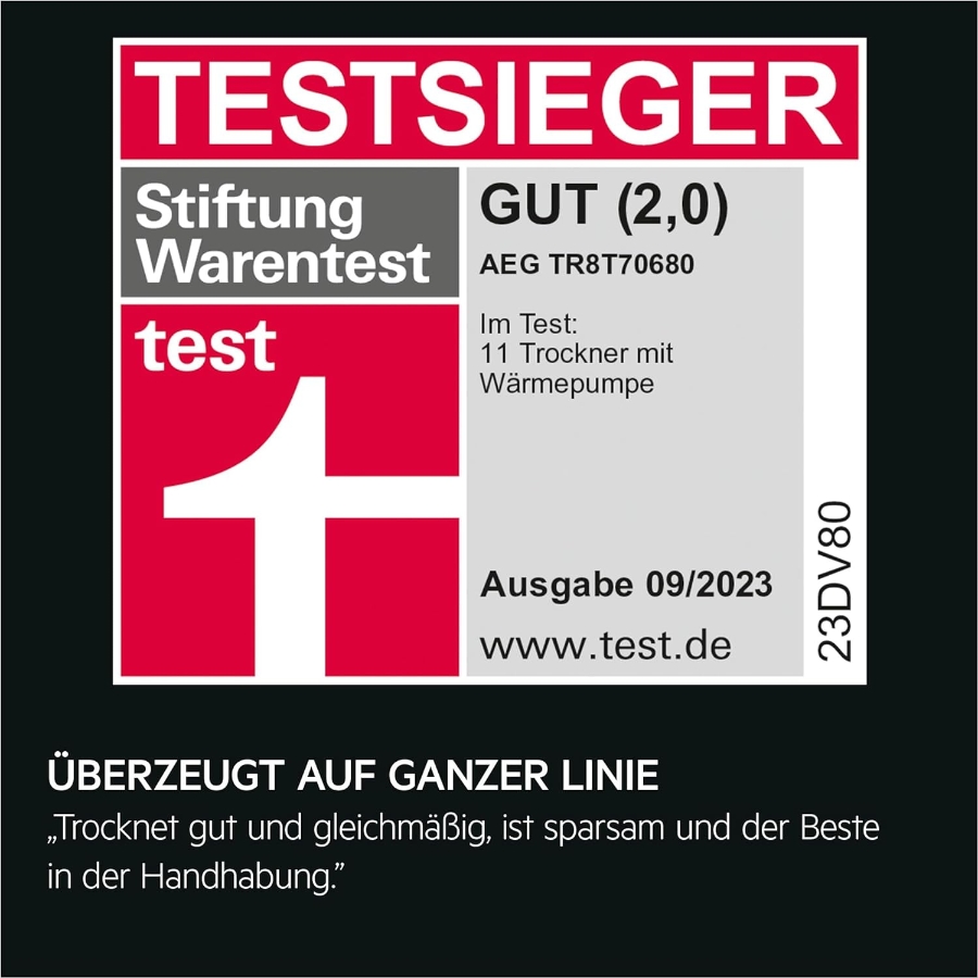 AEG TR8T70680 LAVATHERM Wärmepumpentrockner mit AbsoluteCare® Testsieger der Stiftung Warentest 8kg A+++