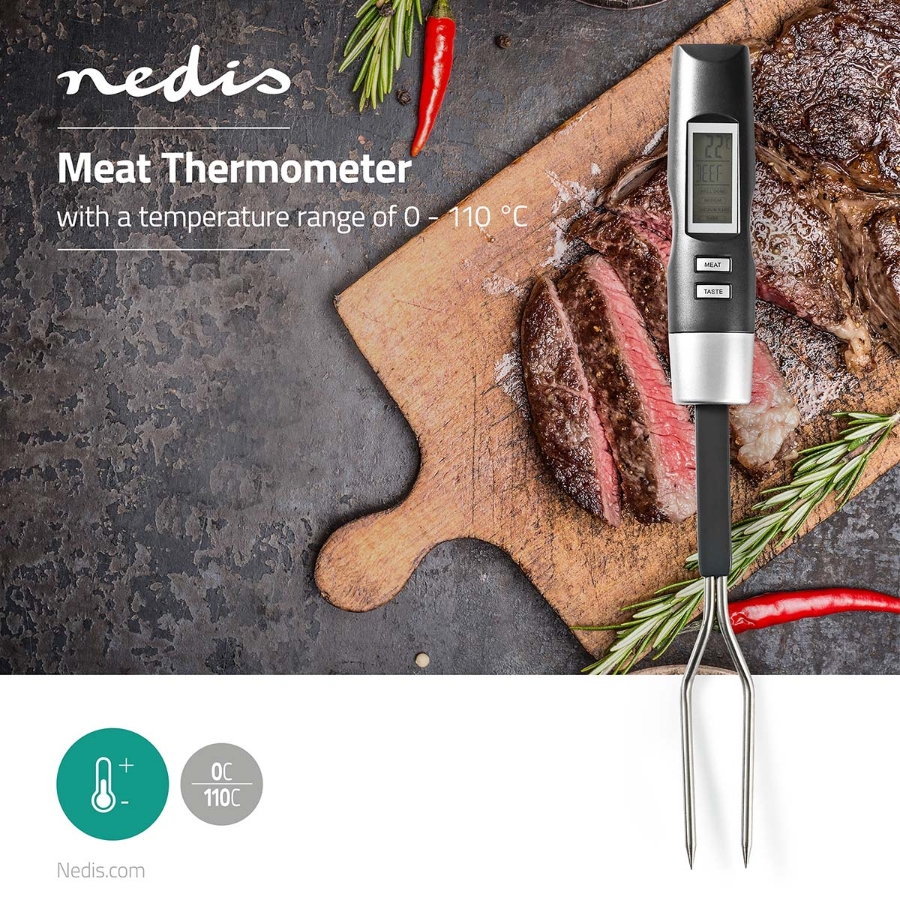 Nedis KATH108GY Fleischthermometer bis 110°C Temperatureinstellungen | LCD-Anzeige | 0 - 110 °C | Schwarz